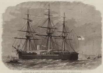 Die Monarch, mit den Überresten von Mr. Peabody an Bord, verlässt den Hafen von Portsmouth, Richtung Spithead